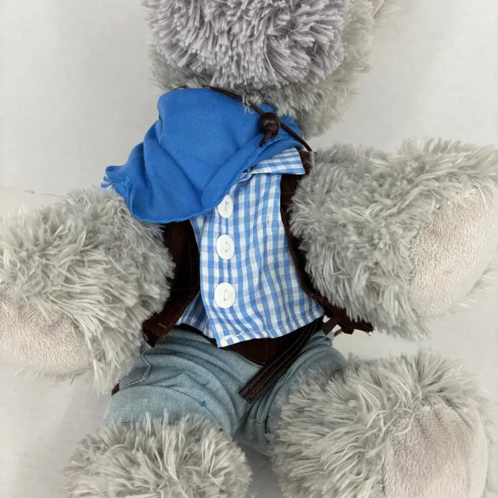 Teddy Mountain Plush Puppy Dog Gray Shaggy Cowboy‎ Outfit Hat Jeans Vest 18 Inch